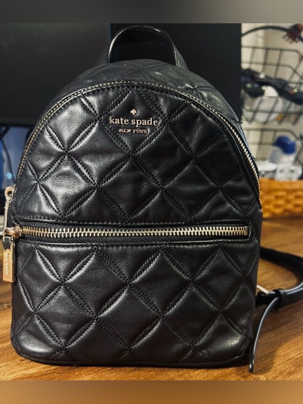 Kate Spade Natalia Mini Black Quilted Leather Backpack Purse with Gold Accents